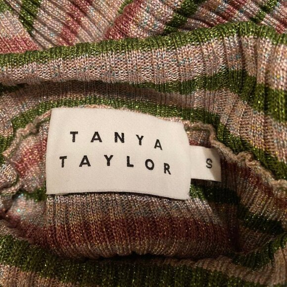 TANYA TAYLOR Carsten Metallic Striped Ribbed Open Back Turtleneck sweater, Small - Picture 3 of 6